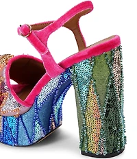 Kurt Geiger London Kensington Multi Sequin Embellished Logo and Jewel Ornament High Heel Platform Sandals
