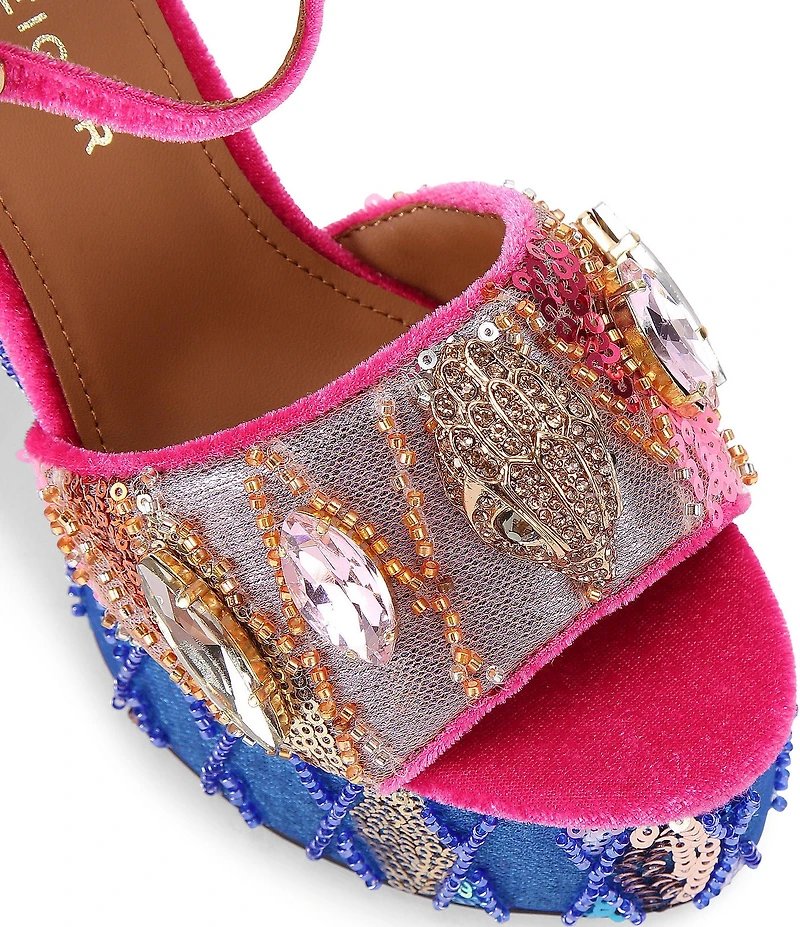 Kurt Geiger London Kensington Multi Sequin Embellished Logo and Jewel Ornament High Heel Platform Sandals