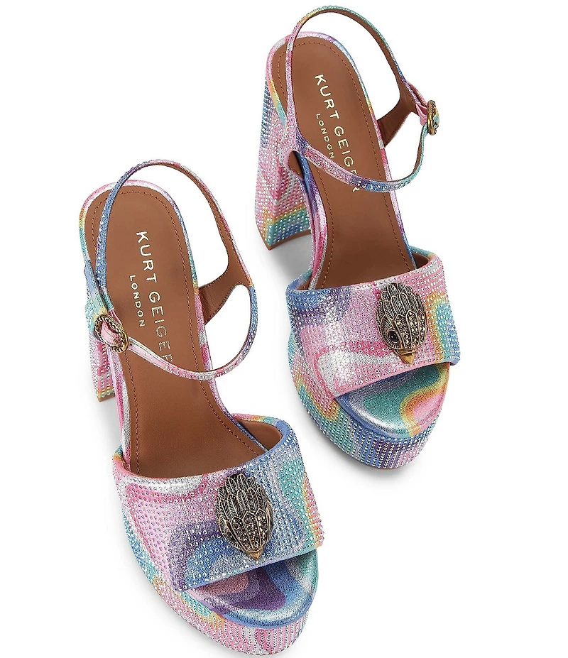 Kurt Geiger London Kensington Rainbow Crystal Embellished Logo Platform Block Dress Sandals
