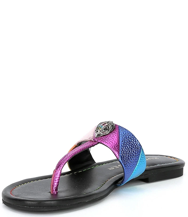 Kurt Geiger London Kensington Metallic Rainbow Leather Logo Ornament T-Bar Sandals