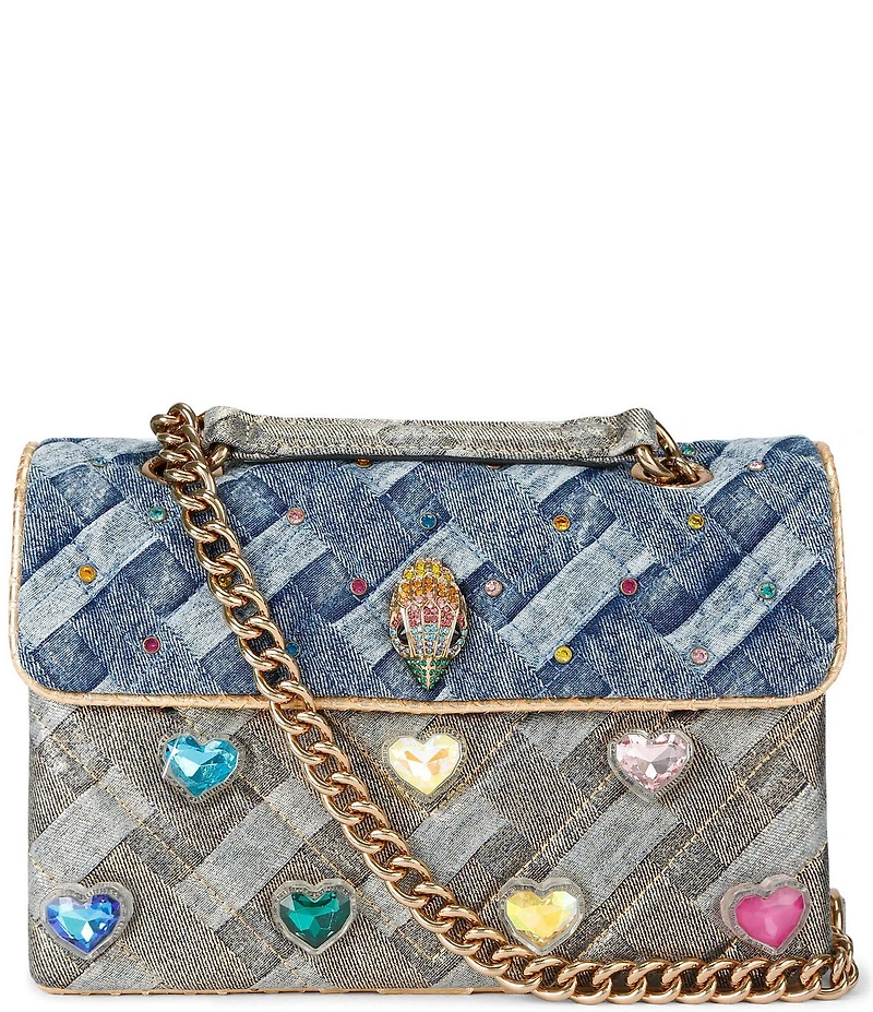 Kurt Geiger London Kensington Two Tone Woven Denim Heart Jeweled Crossbody Bag
