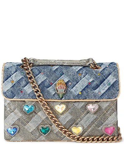 Kurt Geiger London Kensington Two Tone Woven Denim Heart Jeweled Crossbody Bag