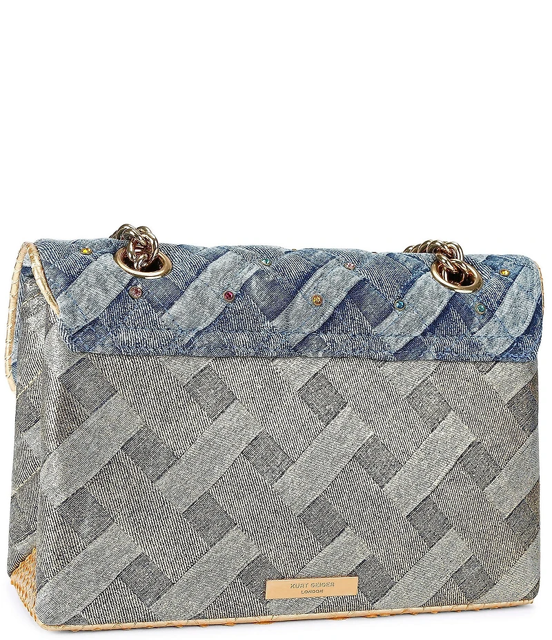 Kurt Geiger London Kensington Two Tone Woven Denim Heart Jeweled Crossbody Bag