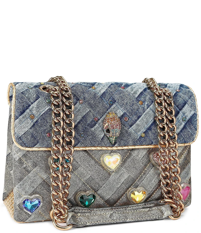 Kurt Geiger London Kensington Two Tone Woven Denim Heart Jeweled Crossbody Bag