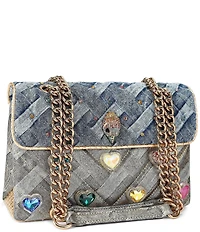 Kurt Geiger London Kensington Two Tone Woven Denim Heart Jeweled Crossbody Bag
