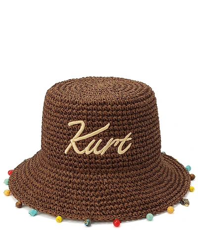 Kurt Geiger London Kurt Script Charm Bead Detail Woven Raffia Bucket Hat