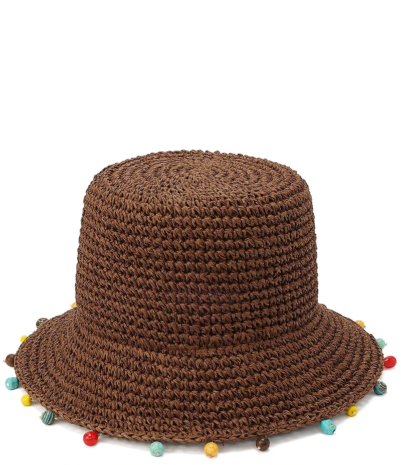 Kurt Geiger London Kurt Script Charm Bead Detail Woven Raffia Bucket Hat