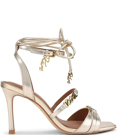 Kurt Geiger London Kurt Metallic Leather Logo Hardware Detail Strappy Ankle Wrap Dress Sandals