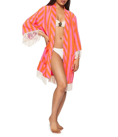 Kurt Geiger London Kurt's Cabana Open Front Stripe Print Fringe Trim Terry Cloth Kaftan