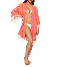 Kurt Geiger London Kurt's Cabana Open Front Stripe Print Fringe Trim Terry Cloth Kaftan