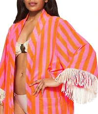 Kurt Geiger London Kurt's Cabana Open Front Stripe Print Fringe Trim Terry Cloth Kaftan