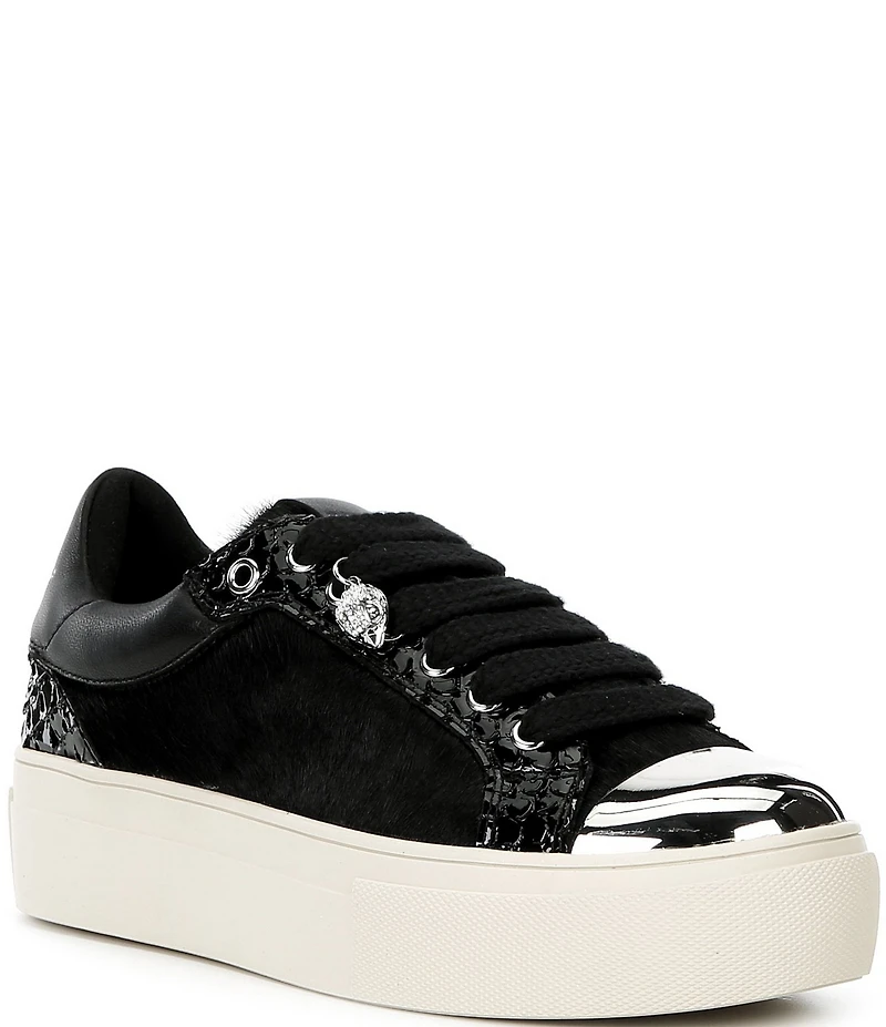 Kurt Geiger London Lana Haircalf Embossed Leather Trim Metallic Cap Toe Platform Sneakers