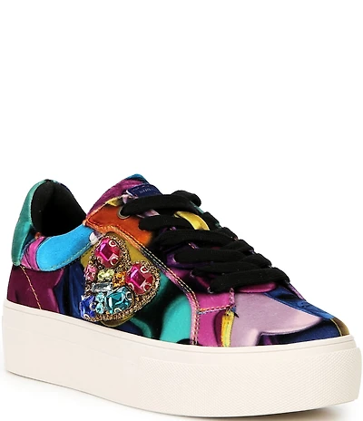 Kurt Geiger London Lana Printed Velvet Jewel Heart Ornamented Lace Up Sneakers
