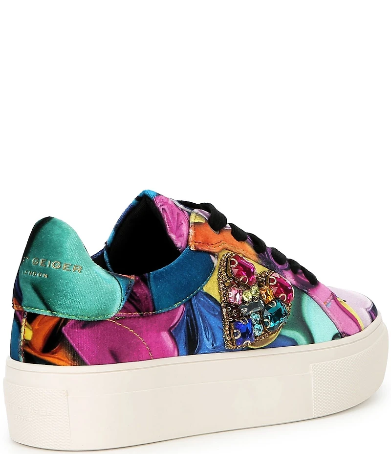 Kurt Geiger London Lana Printed Velvet Jewel Heart Ornamented Lace Up Sneakers