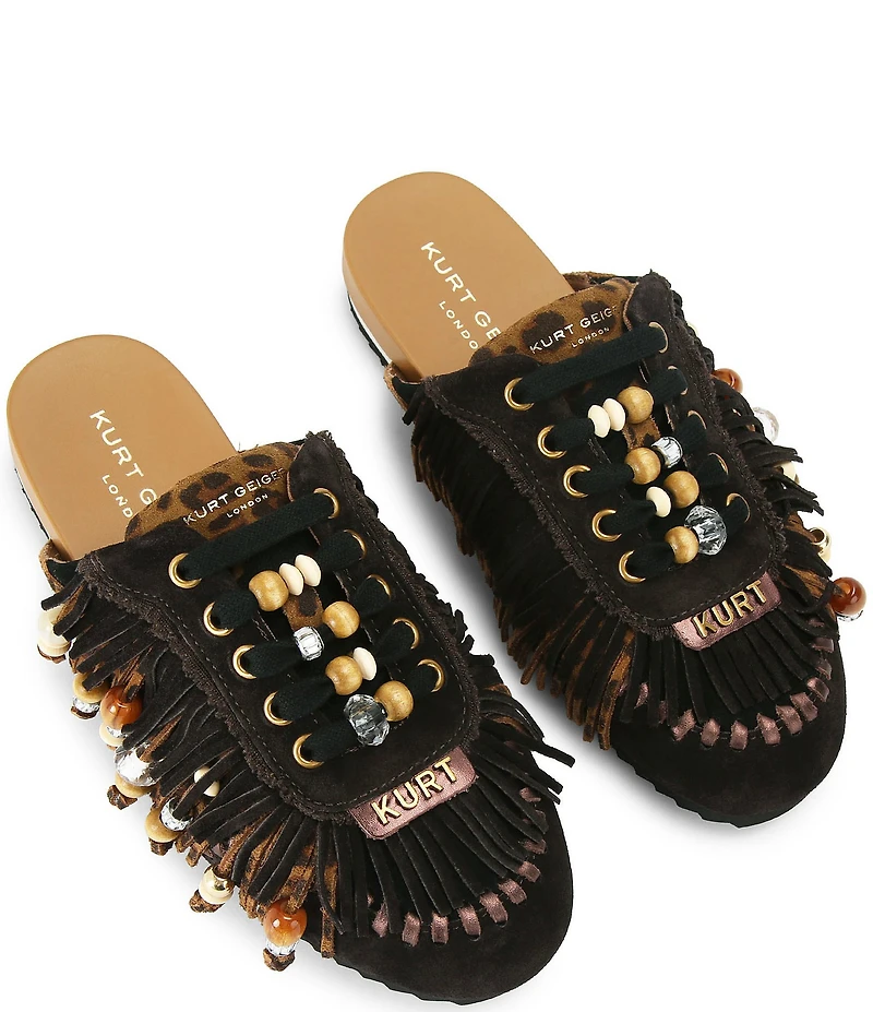 Kurt Geiger London Leopard Islington P Beaded Fringe Suede Mule Sneakers