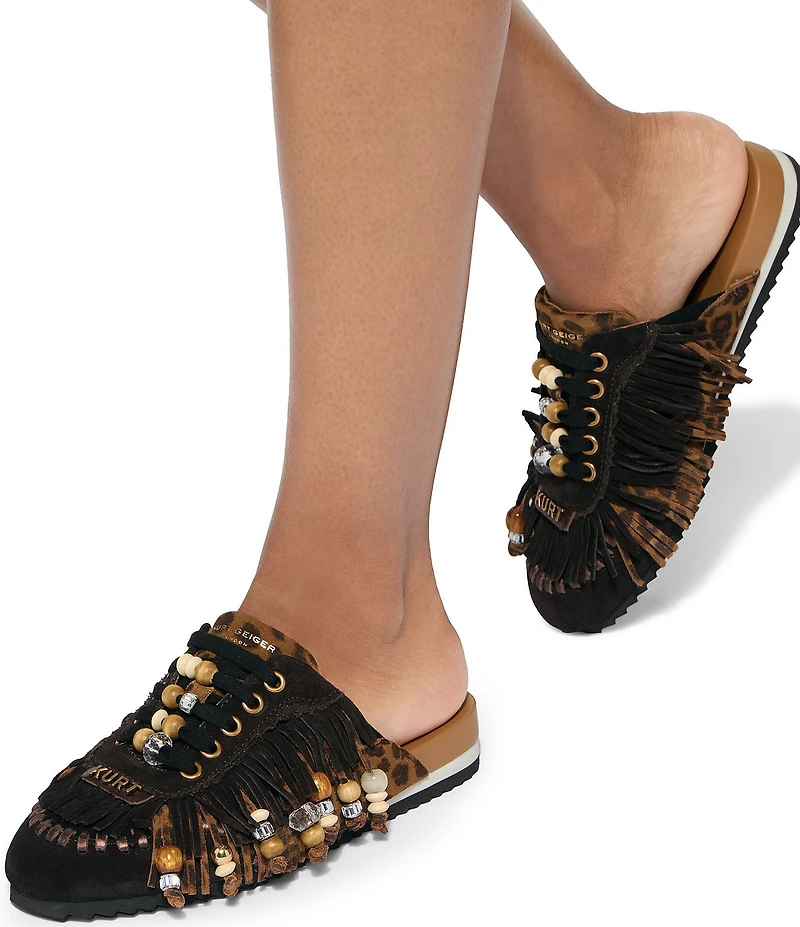Kurt Geiger London Leopard Islington P Beaded Fringe Suede Mule Sneakers