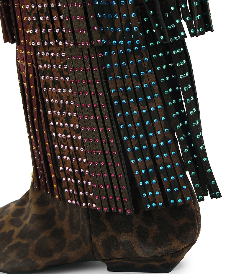 Kurt Geiger London Leopard Suede Crystal Embellished Fringe Western Tall Boots