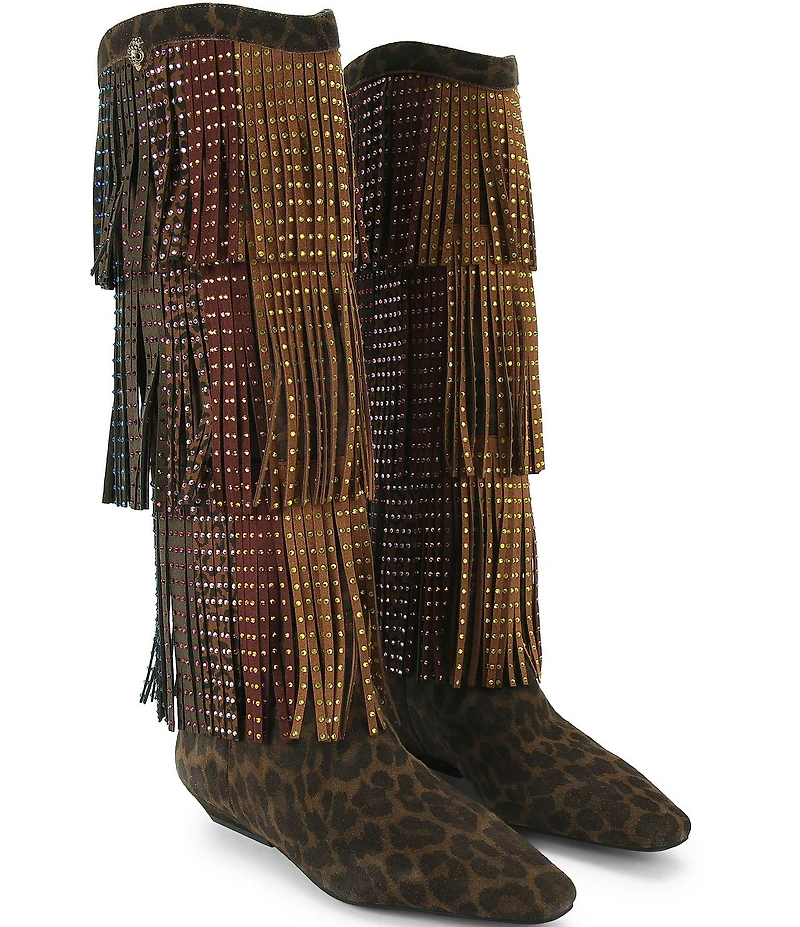 Kurt Geiger London Leopard Suede Crystal Embellished Fringe Western Tall Boots