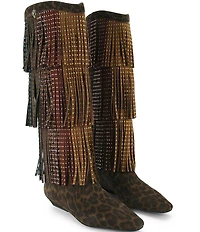 Kurt Geiger London Leopard Suede Crystal Embellished Fringe Western Tall Boots