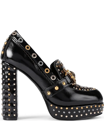 Kurt Geiger London Mansion Leather Studded Bit Buckle Logo Ornament High Heel Platform Loafer Pumps