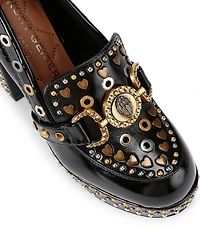 Kurt Geiger London Mansion Leather Studded Bit Buckle Logo Ornament High Heel Platform Loafer Pumps