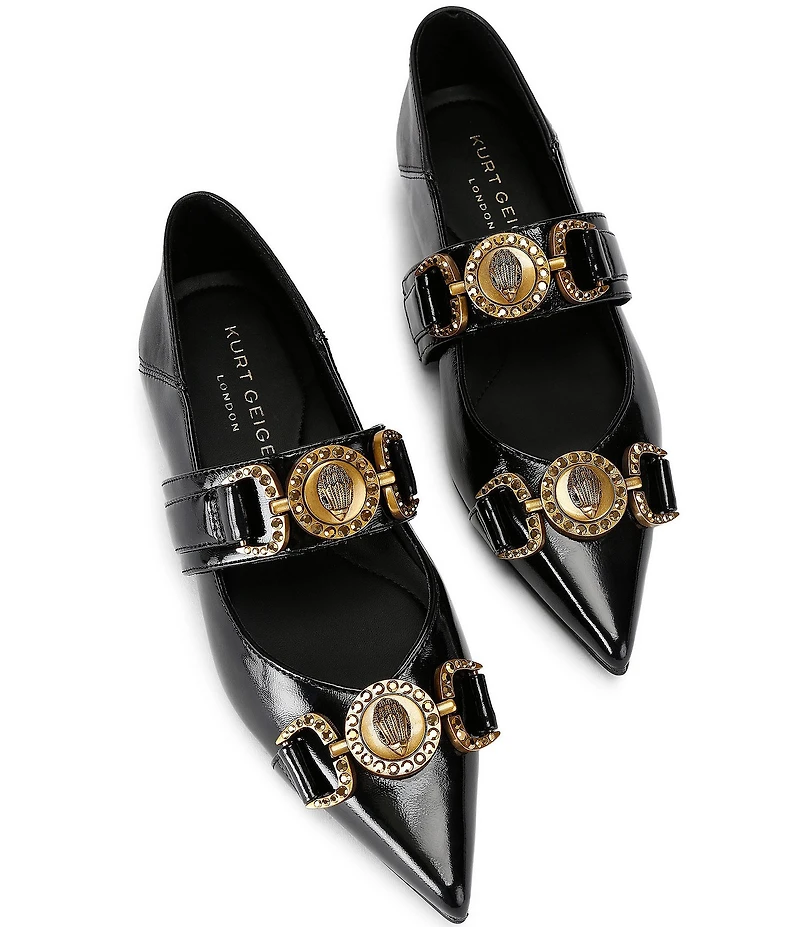 Kurt Geiger London Mansion Patent Leather Pointed Toe Double Bit Buckle Flats