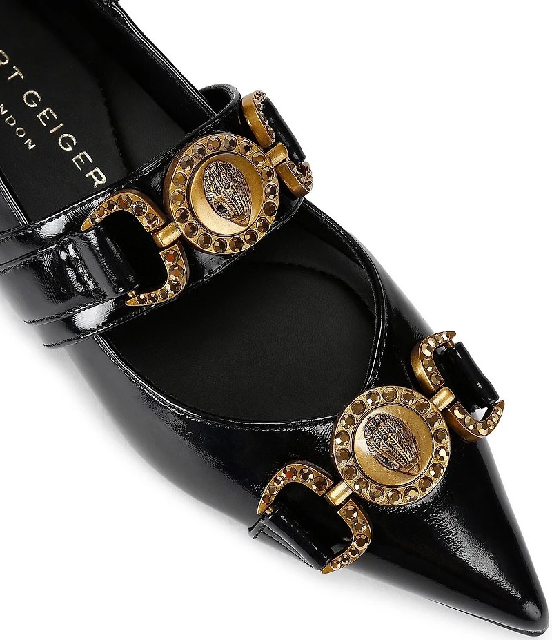 Kurt Geiger London Mansion Patent Leather Pointed Toe Double Bit Buckle Flats