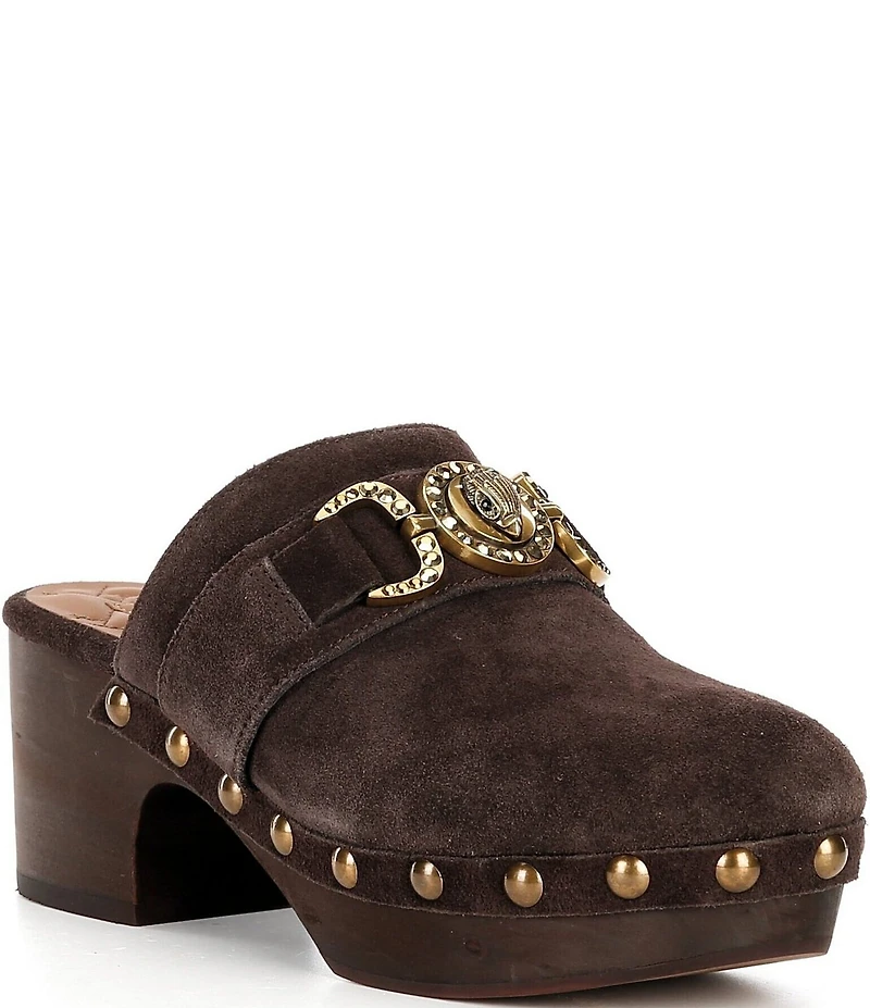 Kurt Geiger London Mansion Studded Suede Embellished Bit Buckle Platform Clogs
