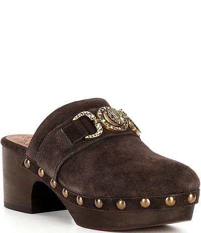 Kurt Geiger London Mansion Studded Suede Embellished Bit Buckle Platform Clogs