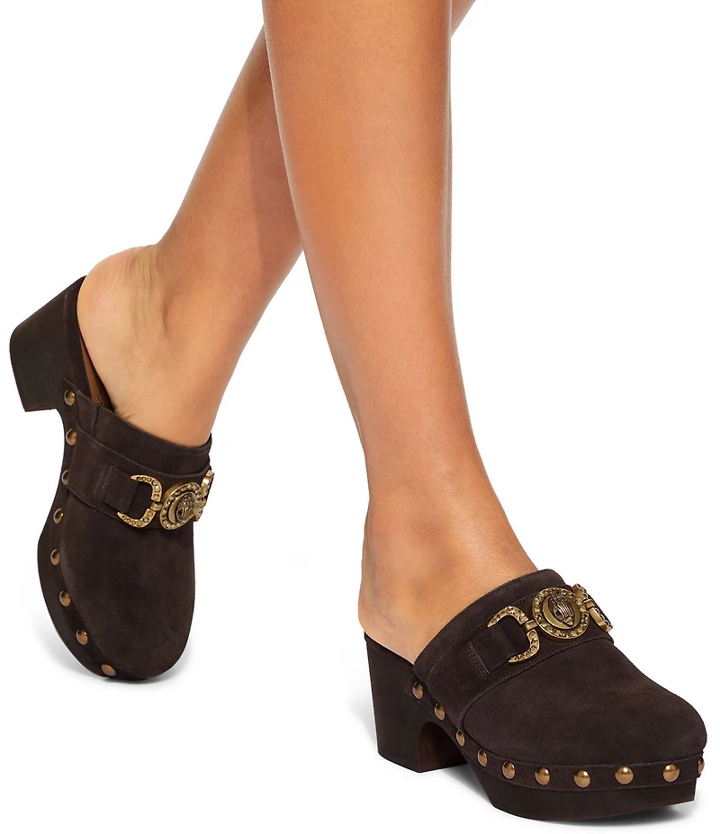 Kurt Geiger London Mansion Studded Suede Embellished Bit Buckle Platform Clogs