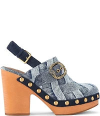 Kurt Geiger London Mayfair Studded Denim Patchwork Big Buckle Hardware Slingback Clogs