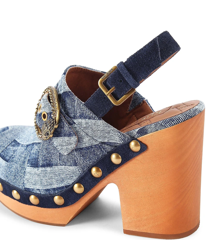 Kurt Geiger London Mayfair Studded Denim Patchwork Big Buckle Hardware Slingback Clogs