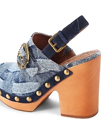 Kurt Geiger London Mayfair Studded Denim Patchwork Big Buckle Hardware Slingback Clogs