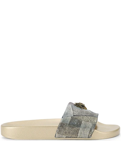 Kurt Geiger London Meena Metallic Denim Patchwork Logo Ornament Pool Slides