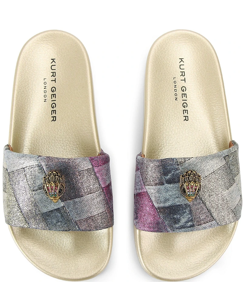 Kurt Geiger London Meena Metallic Denim Patchwork Logo Ornament Pool Slides