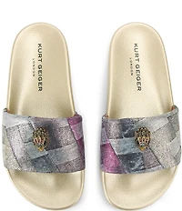 Kurt Geiger London Meena Metallic Denim Patchwork Logo Ornament Pool Slides