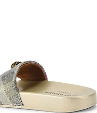 Kurt Geiger London Meena Metallic Denim Patchwork Logo Ornament Pool Slides