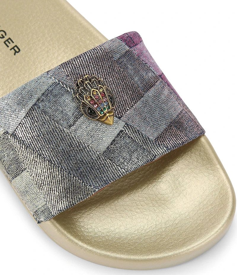 Kurt Geiger London Meena Metallic Denim Patchwork Logo Ornament Pool Slides