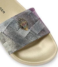 Kurt Geiger London Meena Metallic Denim Patchwork Logo Ornament Pool Slides