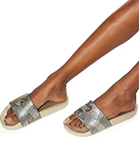 Kurt Geiger London Meena Metallic Denim Patchwork Logo Ornament Pool Slides
