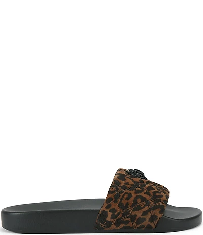 Kurt Geiger London Meena Leopard Quilted Suede Logo Ornament Pool Slides