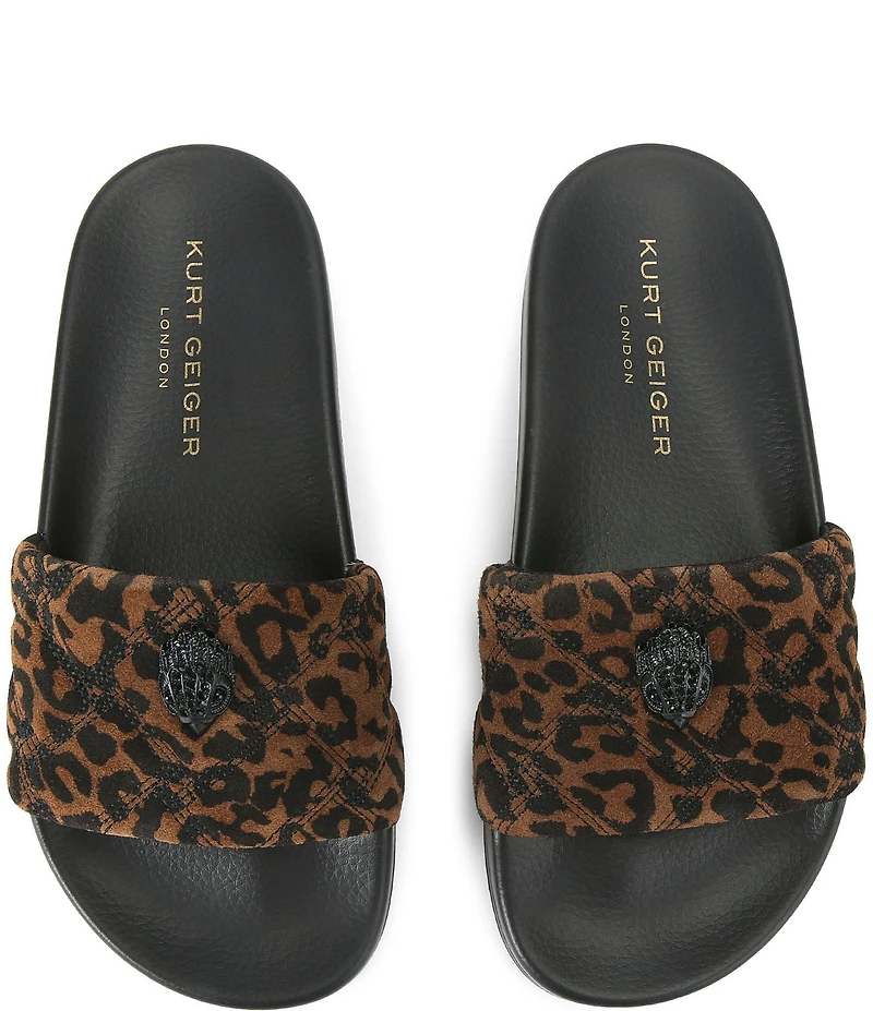 Kurt Geiger London Meena Leopard Quilted Suede Logo Ornament Pool Slides