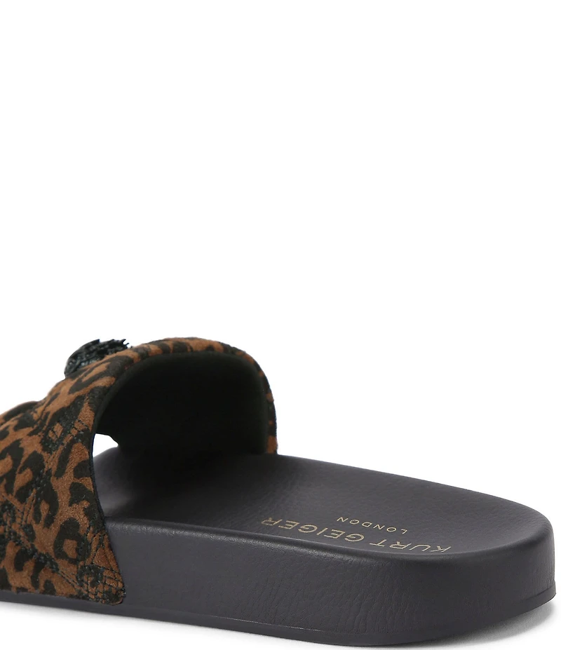 Kurt Geiger London Meena Leopard Quilted Suede Logo Ornament Pool Slides