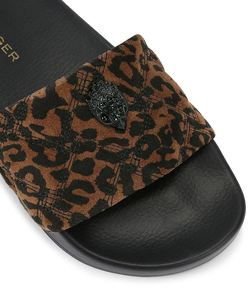 Kurt Geiger London Meena Leopard Quilted Suede Logo Ornament Pool Slides