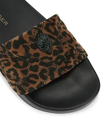 Kurt Geiger London Meena Leopard Quilted Suede Logo Ornament Pool Slides