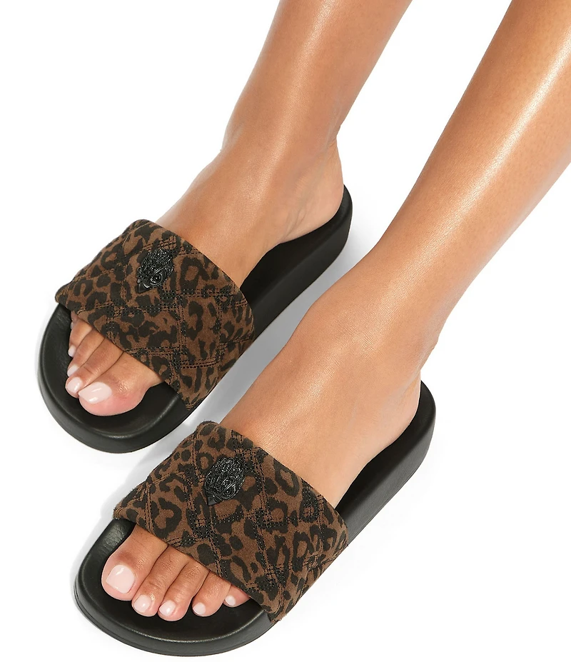 Kurt Geiger London Meena Leopard Quilted Suede Logo Ornament Pool Slide Sandals