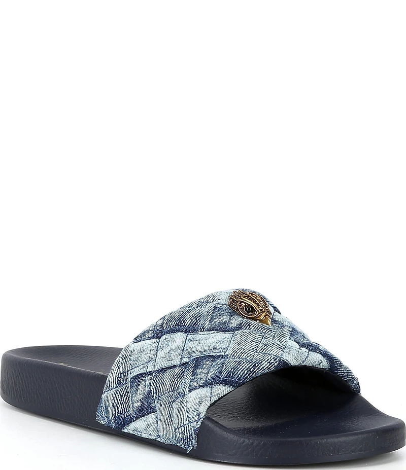 Kurt Geiger London Meena Quilted Denim Patchwork Logo Ornament Pool Slide Sandals