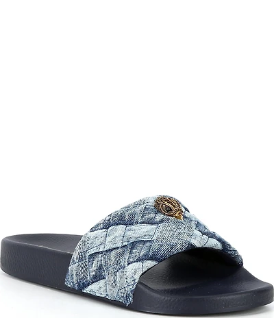 Kurt Geiger London Meena Quilted Denim Patchwork Logo Ornament Pool Slide Sandals