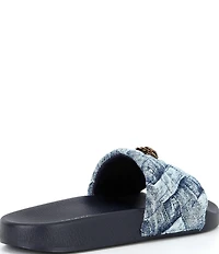 Kurt Geiger London Meena Quilted Denim Patchwork Logo Ornament Pool Slide Sandals