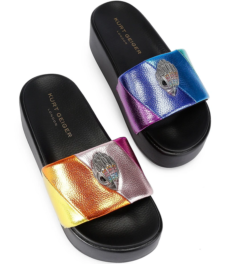 Kurt Geiger London Meena Metallic Rainbow Logo Ornament Platform Pool Slide Sandals